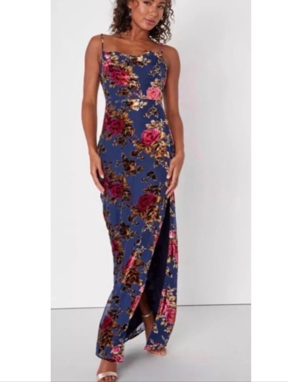 Lulu's Navy Floral Spaghetti-Strap Maxi Dress with Side Slit Small